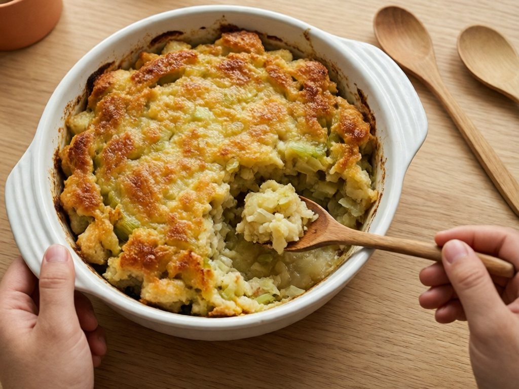 Baked bread stuffing in a white dish with a spoonful removed showing finely diced vegetables