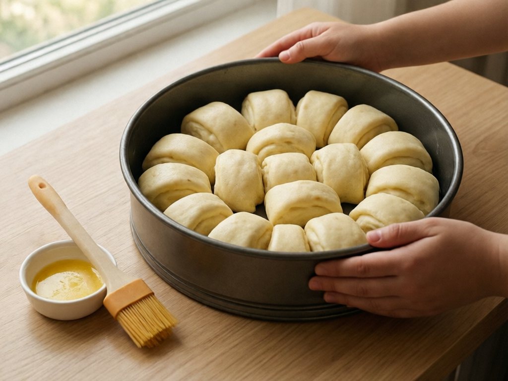 Unbaked shaped dinner rolls in a round pan with a pastry brush beside a small bowl of melted butter