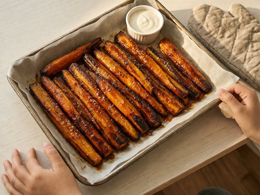 Sheet pan of caramelized maple-roasted carrot sticks with a small dip ramekin