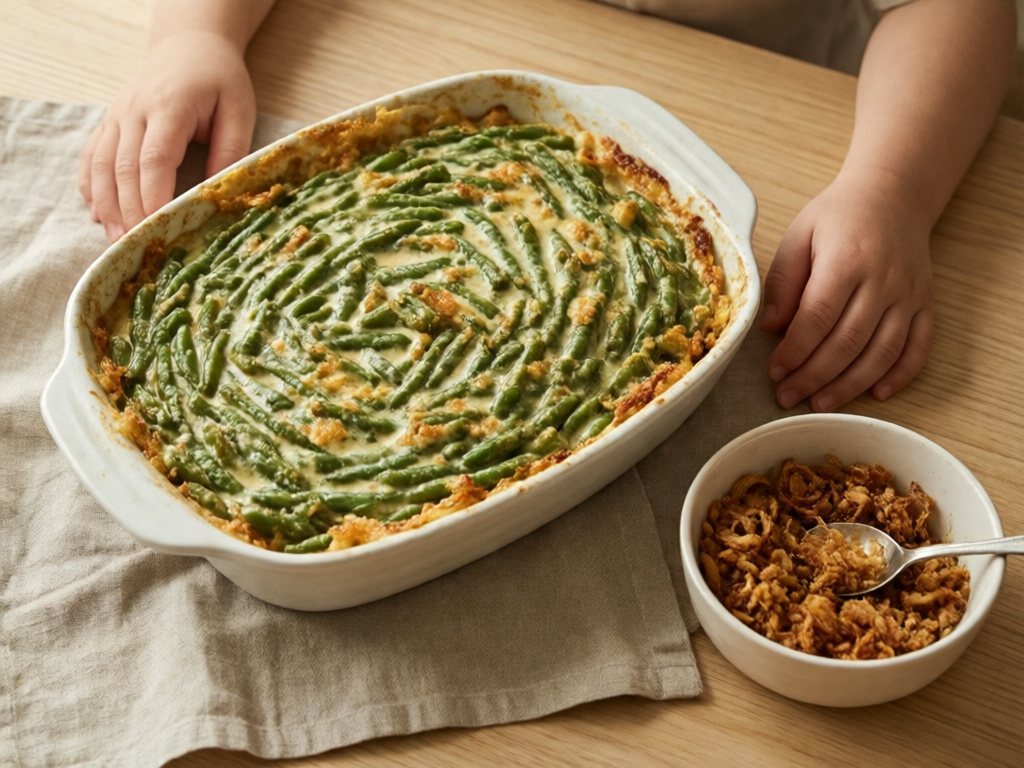 Green bean casserole in a dish with a separate small bowl of crispy onions