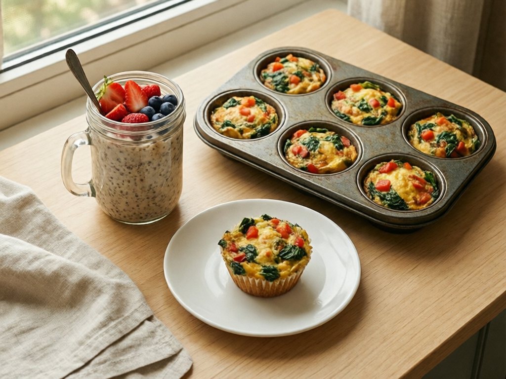 Mason jar of overnight oats with berries beside a muffin tin of spinach and pepper egg muffins