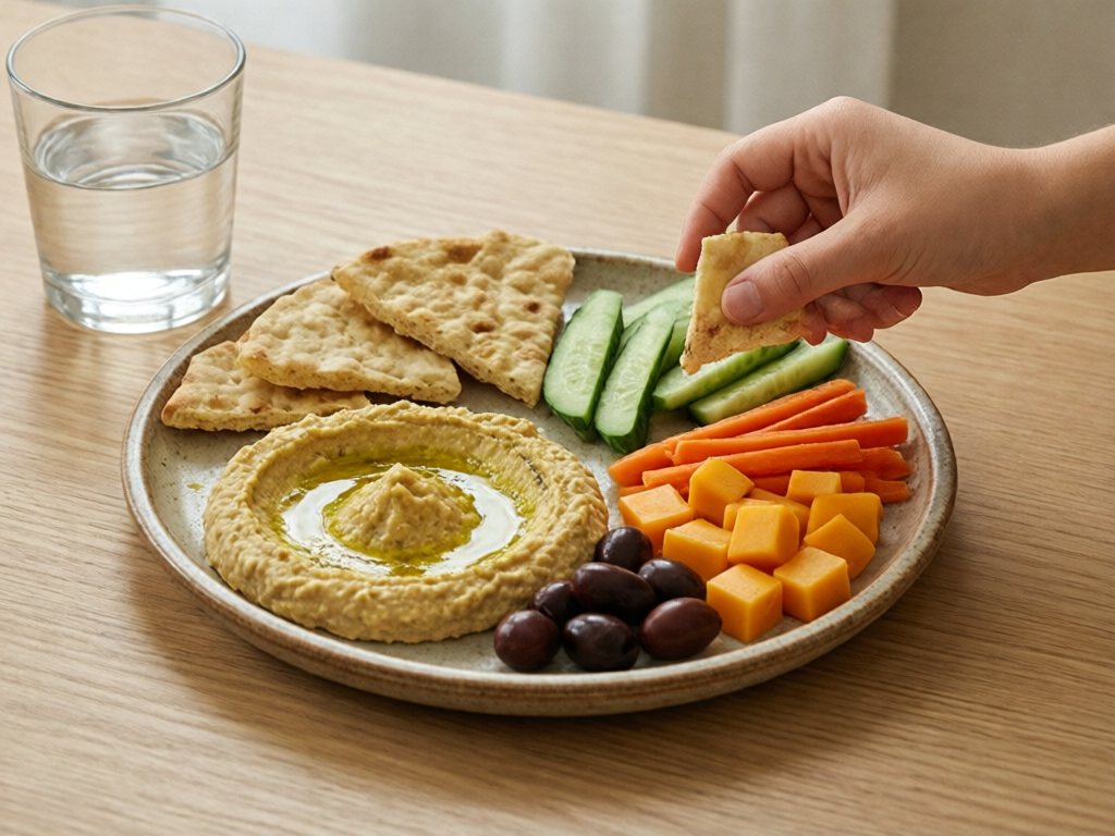 Plate of hummus, pita wedges, cucumber, carrots, cheese cubes and olives with a hand reaching for a pita