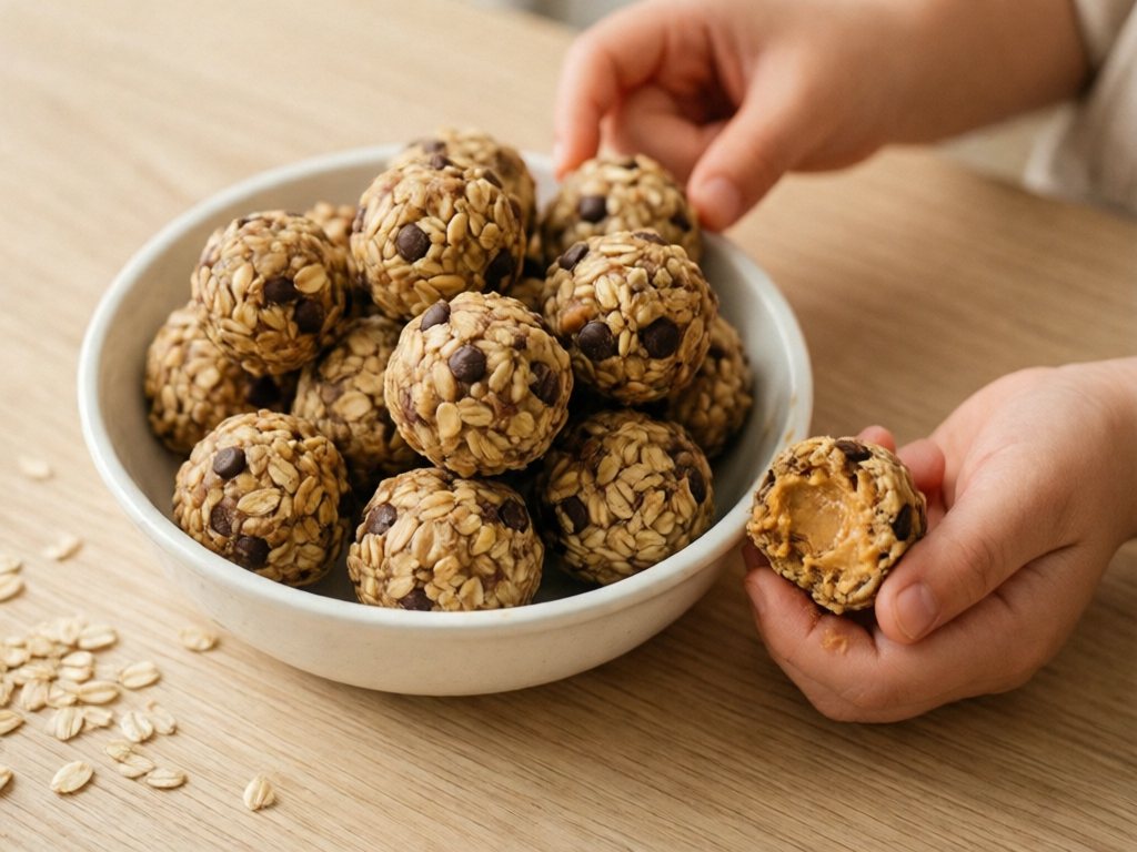 Bowl of oat and chocolate chip energy balls with one broken open in a hand