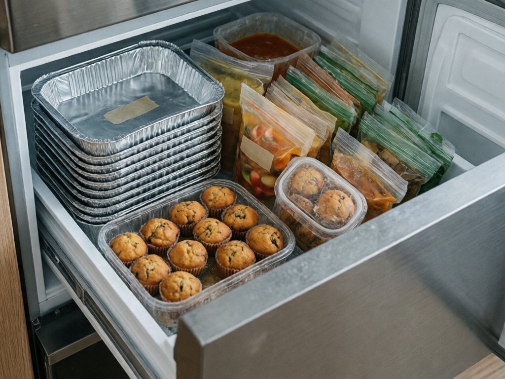Open freezer neatly stocked with foil casseroles, flat soup bags, smoothie packs and muffins