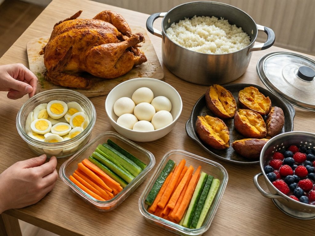 Counter spread of roast chicken, boiled eggs, rice, sweet potatoes, cut veggies and berries ready for the week