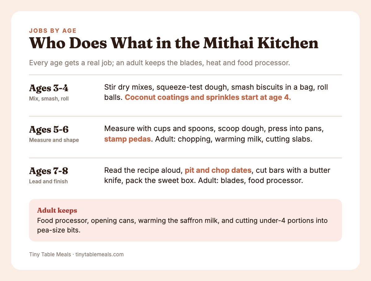 Chart of kitchen jobs for ages 3-4, 5-6 and 7-8, with the tasks an adult keeps at each age