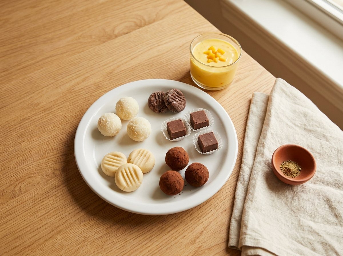 Plate of small homemade Diwali sweets with a saffron yogurt cup on a wooden table