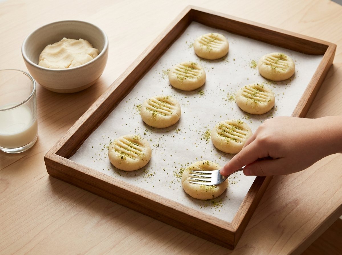 Cream milk powder pedas stamped with fork patterns on a parchment tray