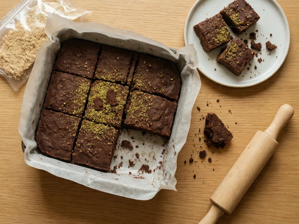 Chocolate biscuit barfi cut into squares in a parchment-lined pan
