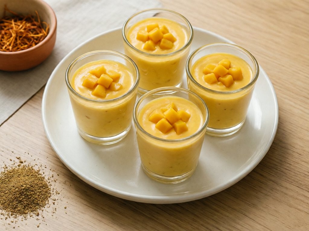 Four glass cups of saffron yogurt topped with tiny mango pieces