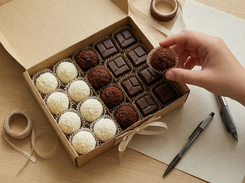 Gift box of Diwali sweets in paper liners with a child's hand adding one