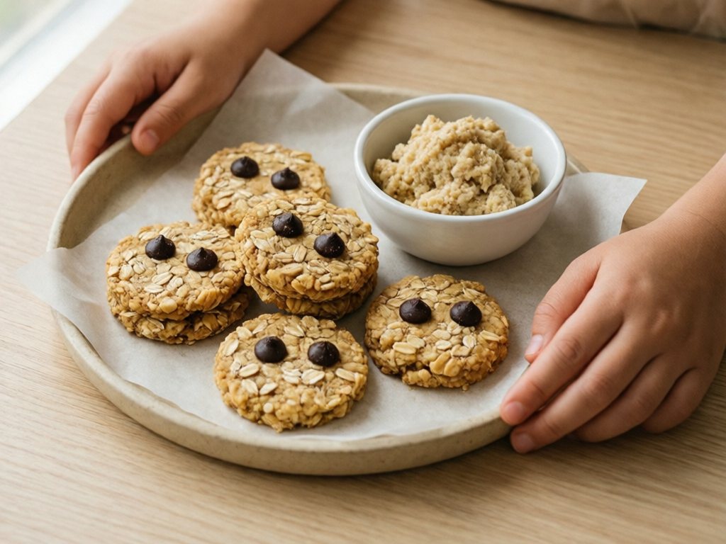 Thin flat oat energy bite discs with mini chocolate chip eyes on parchment beside a small bowl of dough