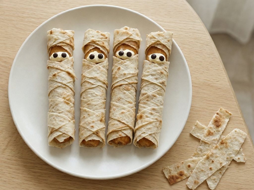 String cheese sticks wrapped in tortilla strips to look like mummies with chocolate chip eyes