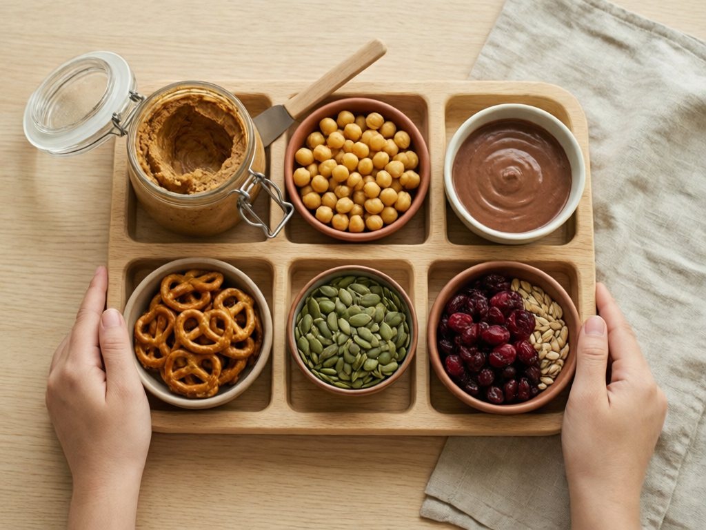 Jar of sunflower seed butter with bowls of chickpeas, pretzels, pumpkin seeds and dried fruit on a wooden counter