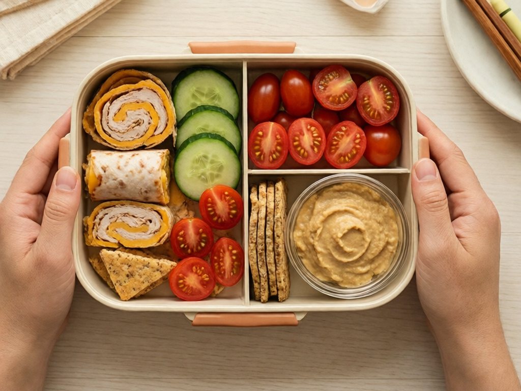 Bento box with turkey cheese roll-ups, cucumber, tomatoes, crackers and hummus