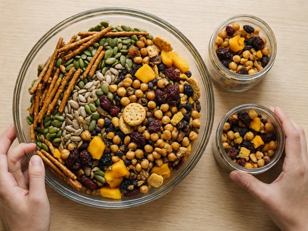 Bowl of nut-free trail mix for ages 4 and up with pretzels, pumpkin seeds, sunflower seeds, chickpeas and dried fruit