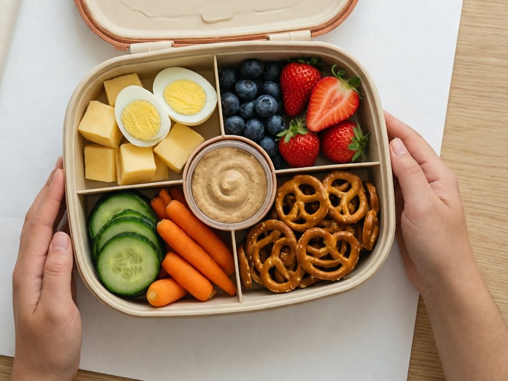 Four-compartment bento with protein, fruit, vegetables and pretzels