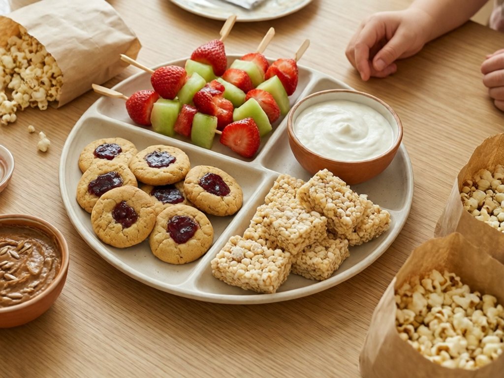 Party tray of sunflower butter thumbprint cookies, crispy rice treats, fruit kabobs with yogurt dip and popcorn bags, for ages 4 and up