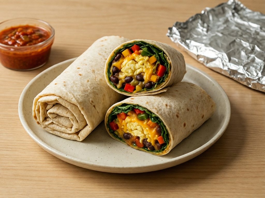Breakfast burritos, one halved to show egg, black beans, cheddar, peppers and spinach, on a wooden table