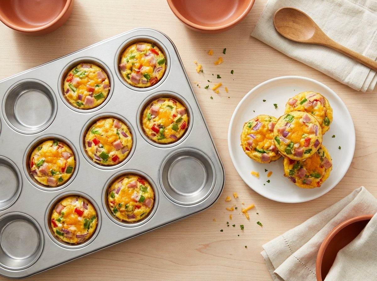 Golden egg muffin cups with ham, peppers and cheese in a muffin tin and on a white plate