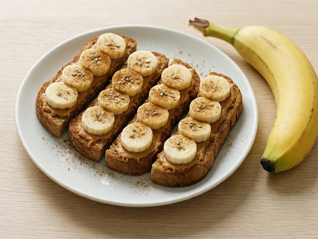 Whole-grain toast fingers with peanut butter and banana slices on a white plate