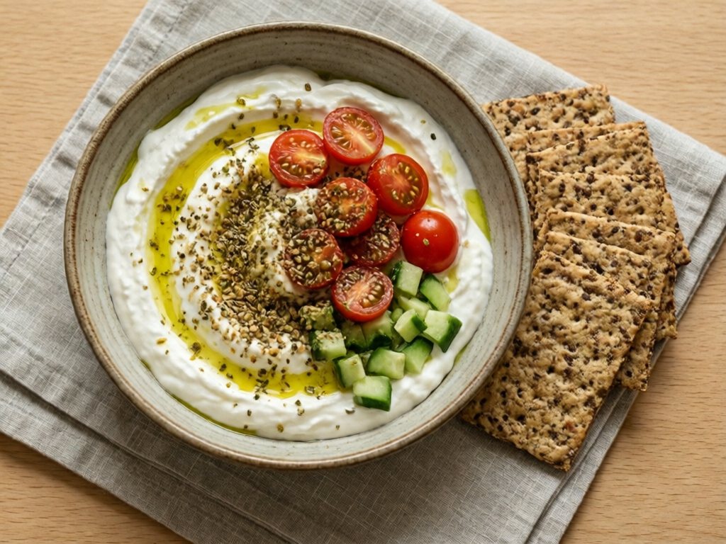 Savory Greek yogurt bowl with tomatoes, cucumber and everything seasoning beside whole-grain crackers