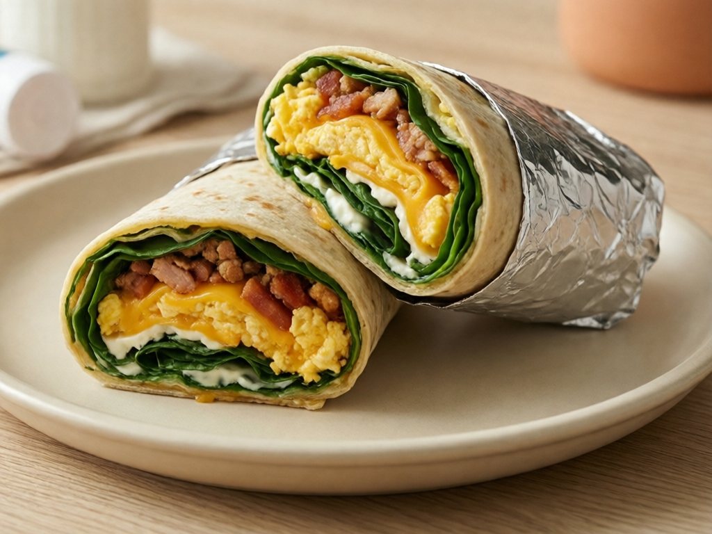 Halved breakfast wrap showing egg, turkey bacon, cheddar and spinach, one half wrapped in foil