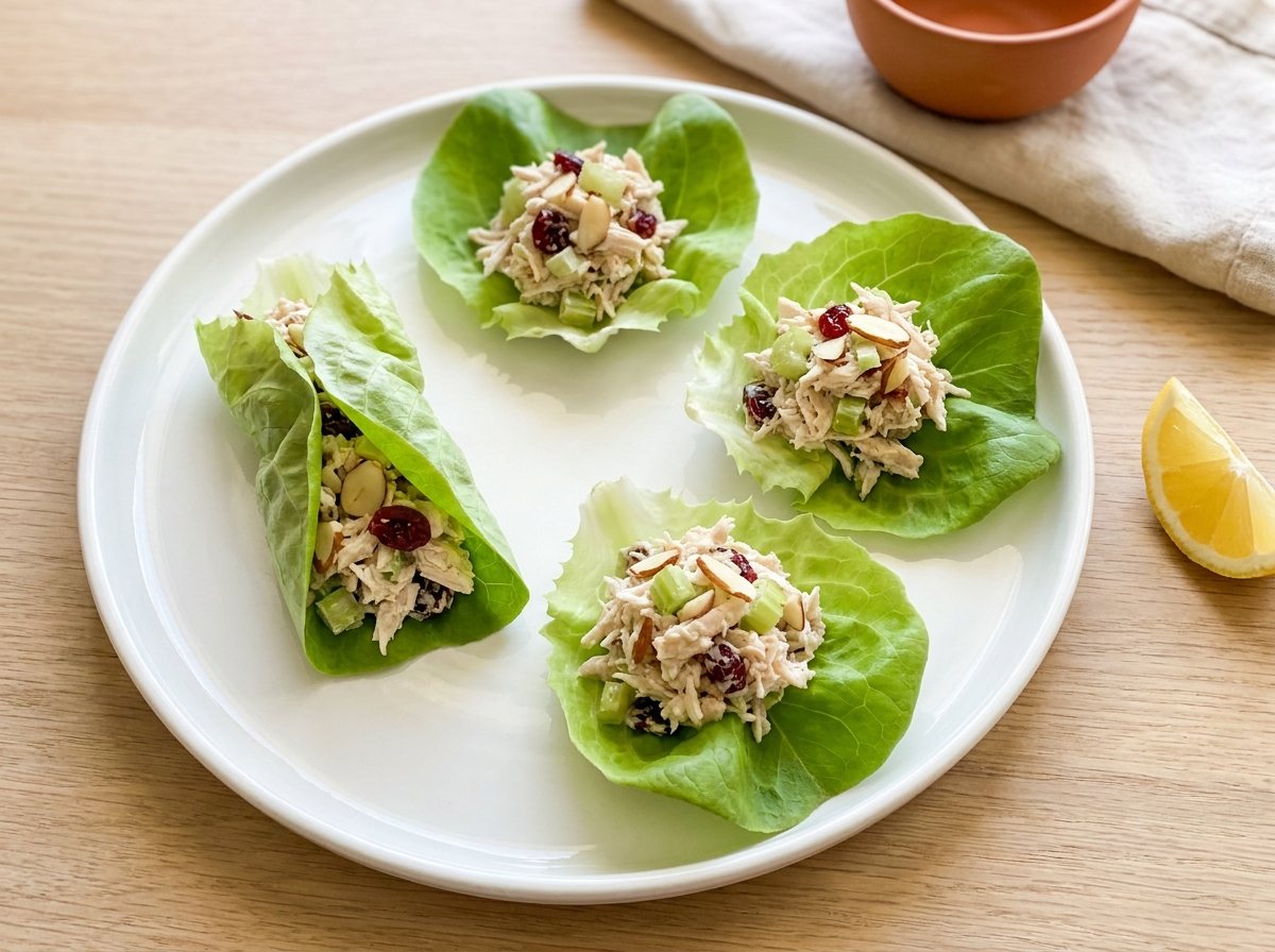 Butter lettuce wraps filled with chicken salad, celery, cranberries and almonds on a white plate