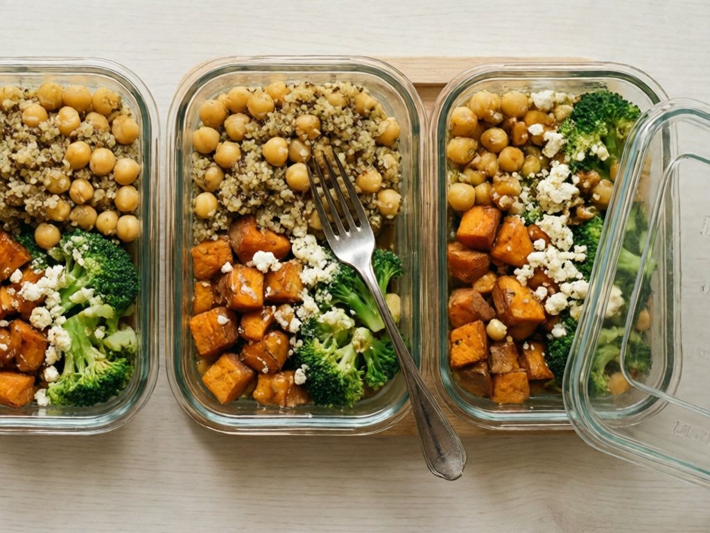 Three glass containers of quinoa grain bowl with chickpeas, sweet potato, broccoli and feta