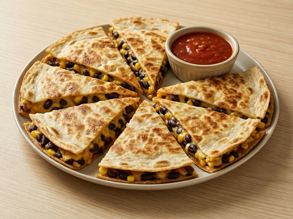 Golden quesadilla cut into wedges showing cheese, black beans and corn, with a bowl of salsa