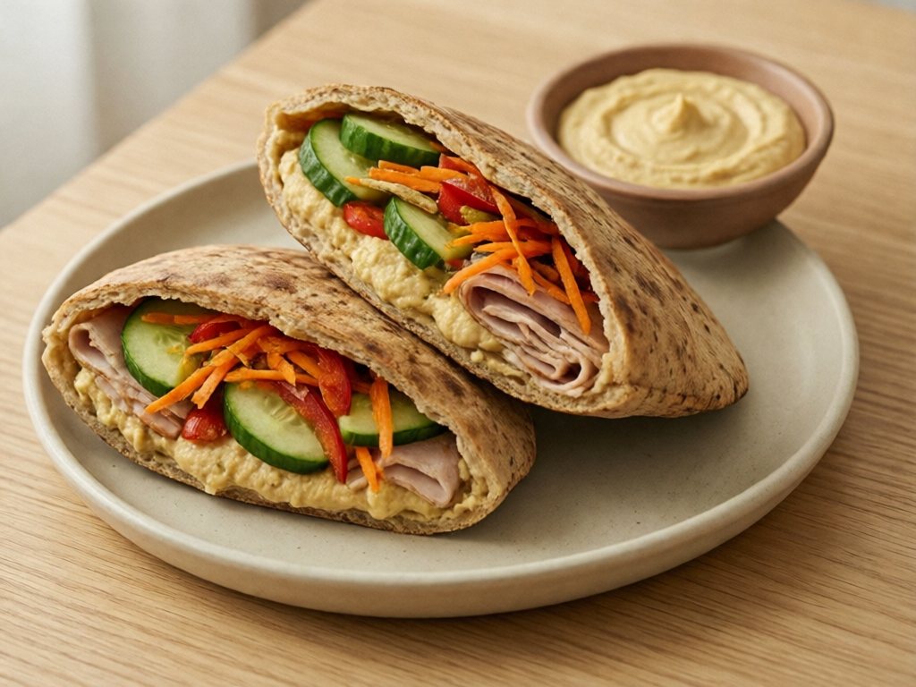 Two whole-wheat pita pockets stuffed with hummus, cucumber, carrot, pepper and turkey