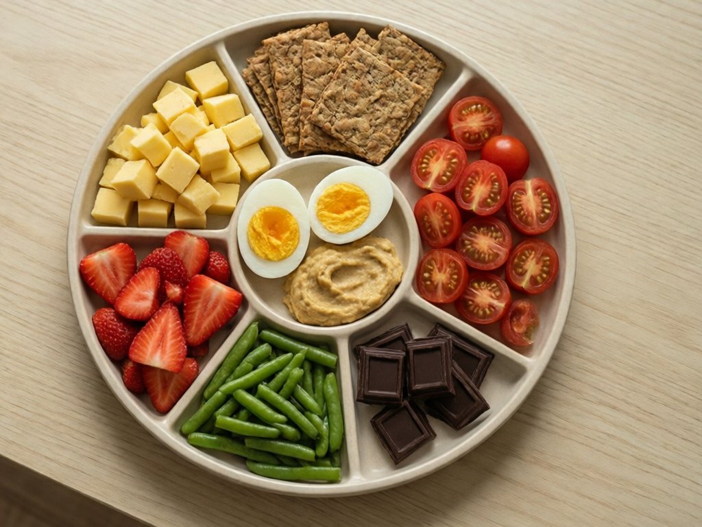 Grazing plate with cheese, eggs, crackers, strawberries, tomatoes, snap peas, hummus and chocolate