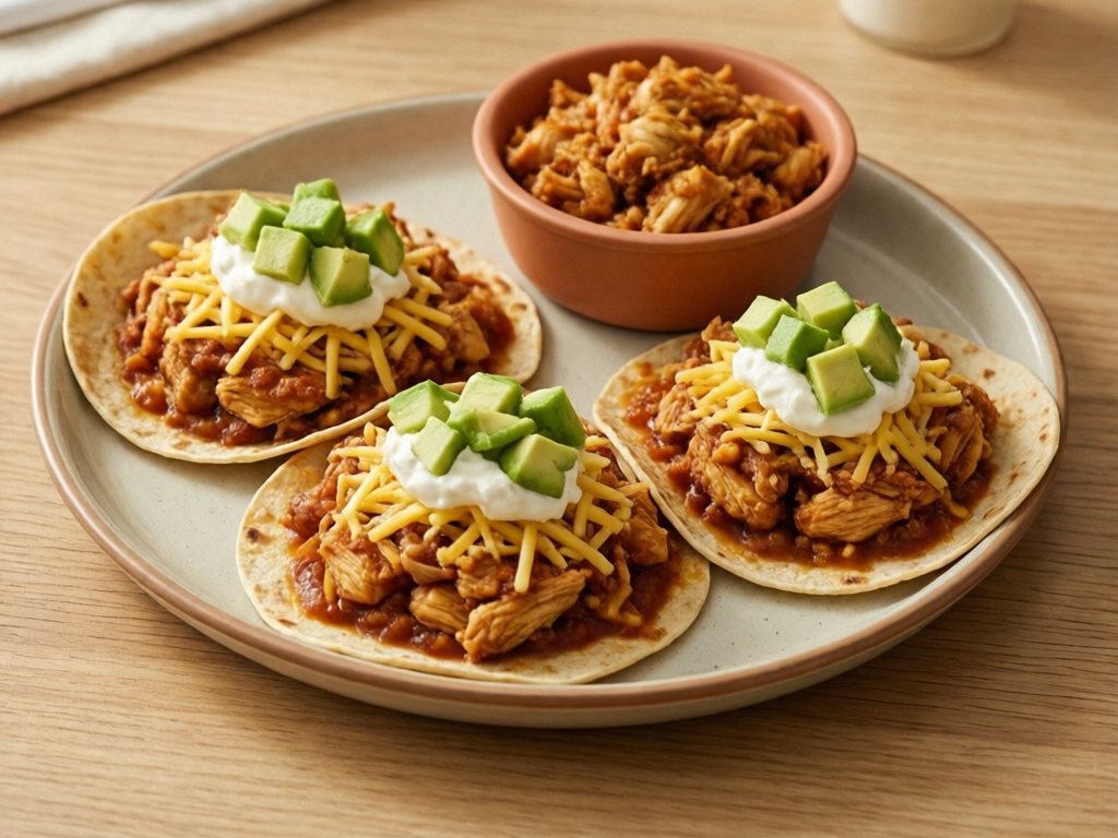 Three small tacos with pulled chicken, cheese, sour cream and diced avocado on a plate