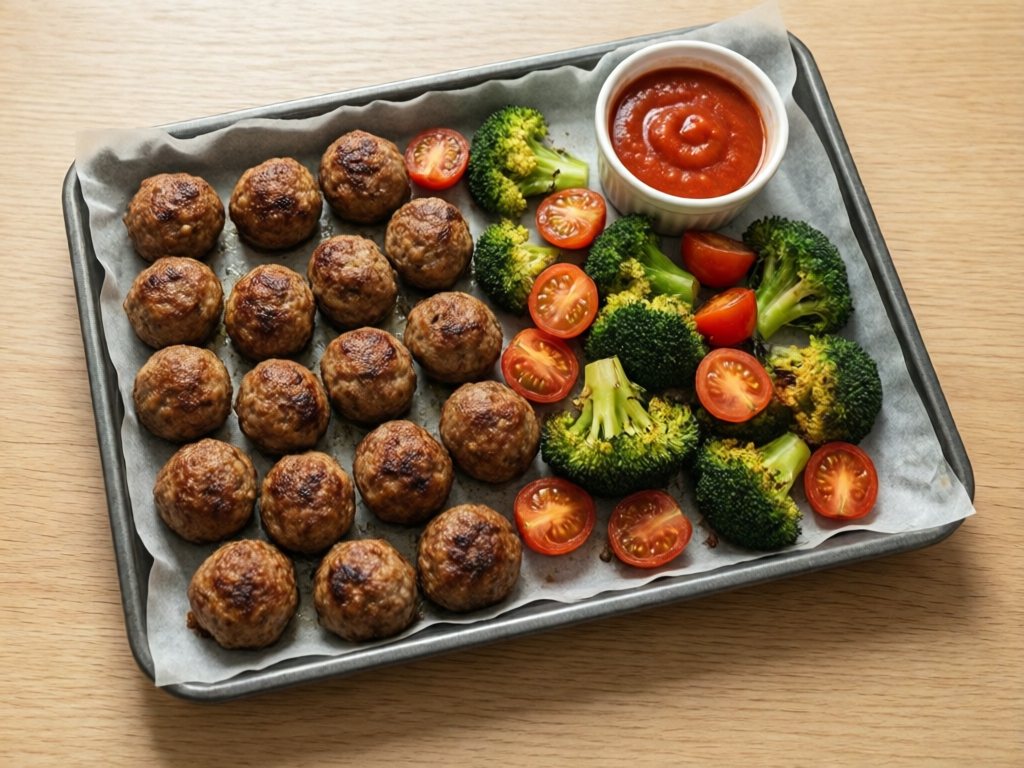 Sheet pan of browned meatballs with roasted broccoli and quartered cherry tomatoes and a dish of marinara