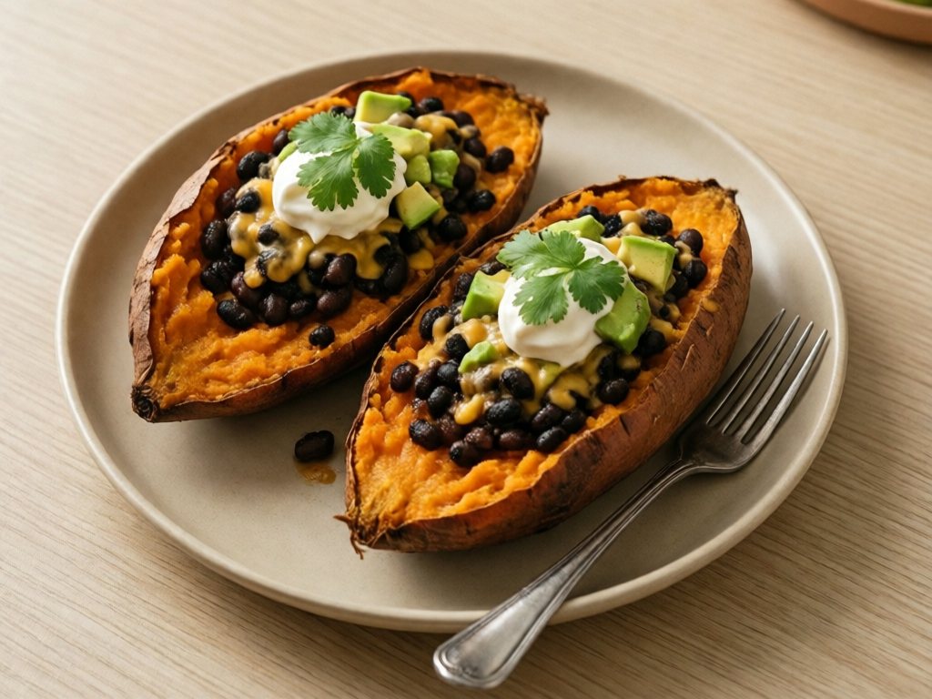 Two split baked sweet potatoes topped with black beans, cheddar, sour cream and avocado
