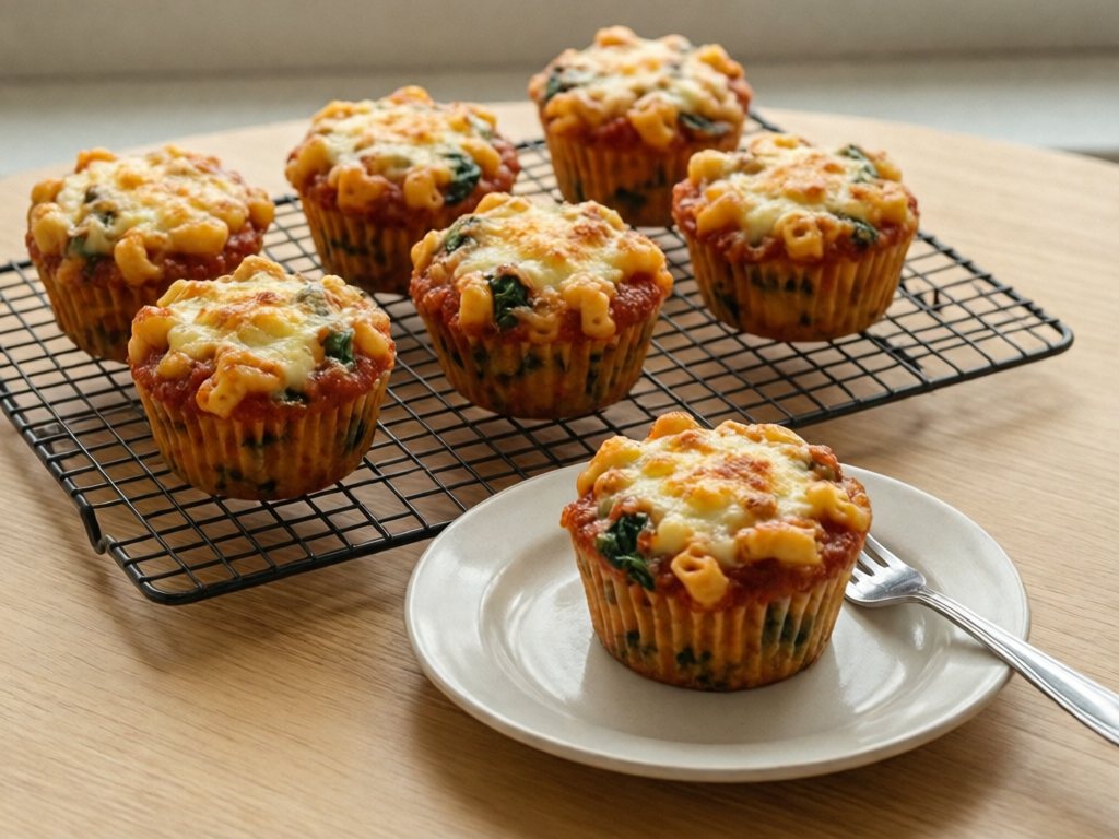 Muffin-shaped pasta bake cups with melted mozzarella, marinara and spinach, one on a plate