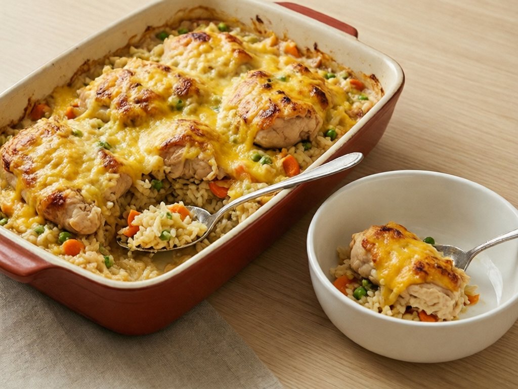 Baking dish of chicken and rice casserole with cheddar and vegetables and a scoop in a bowl