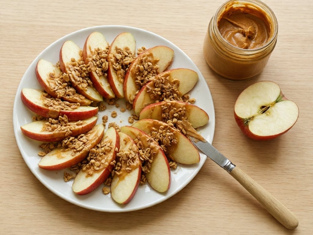 Apple slices spread with peanut butter and topped with granola on a white plate
