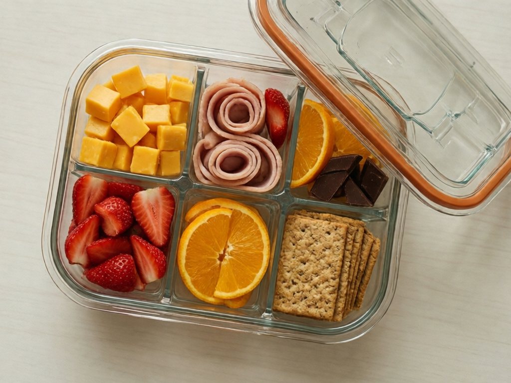 Compartment snack box with cheddar cubes, turkey, strawberries, orange segments, crackers and chocolate