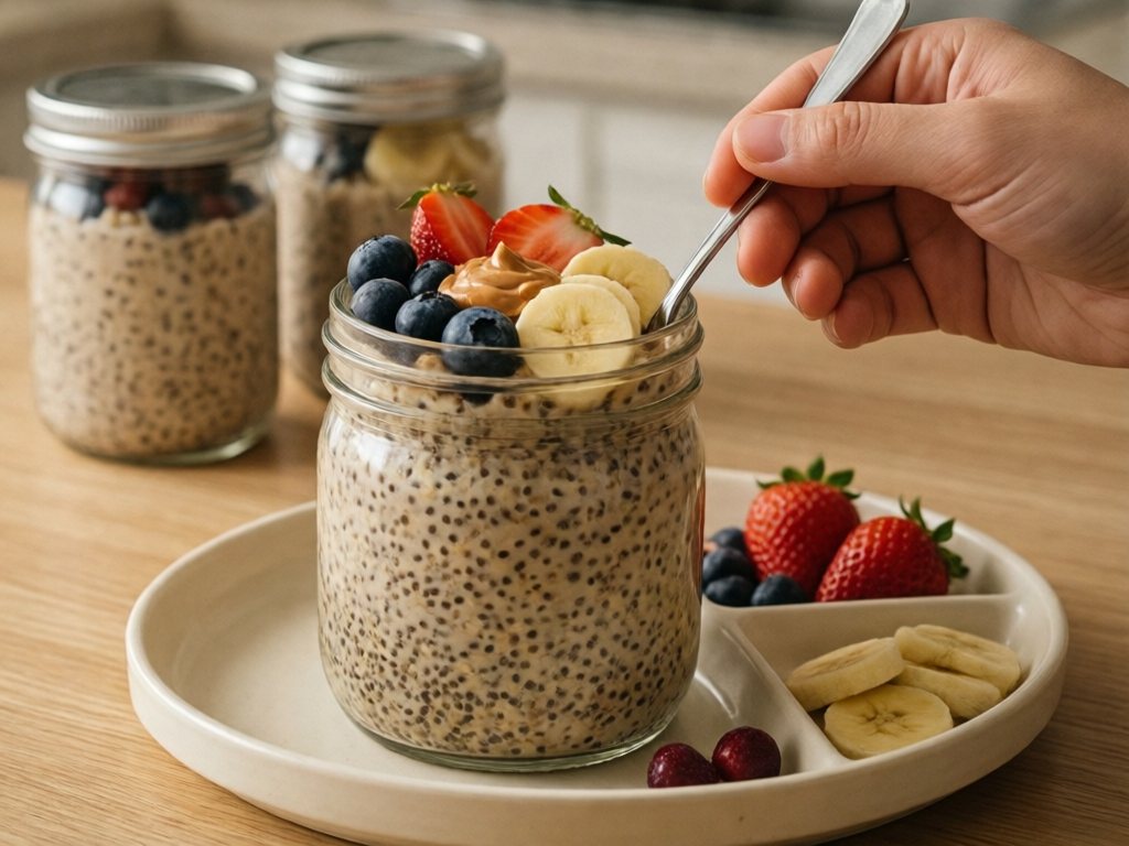 Mason jar of overnight oats topped with berries, banana and peanut butter