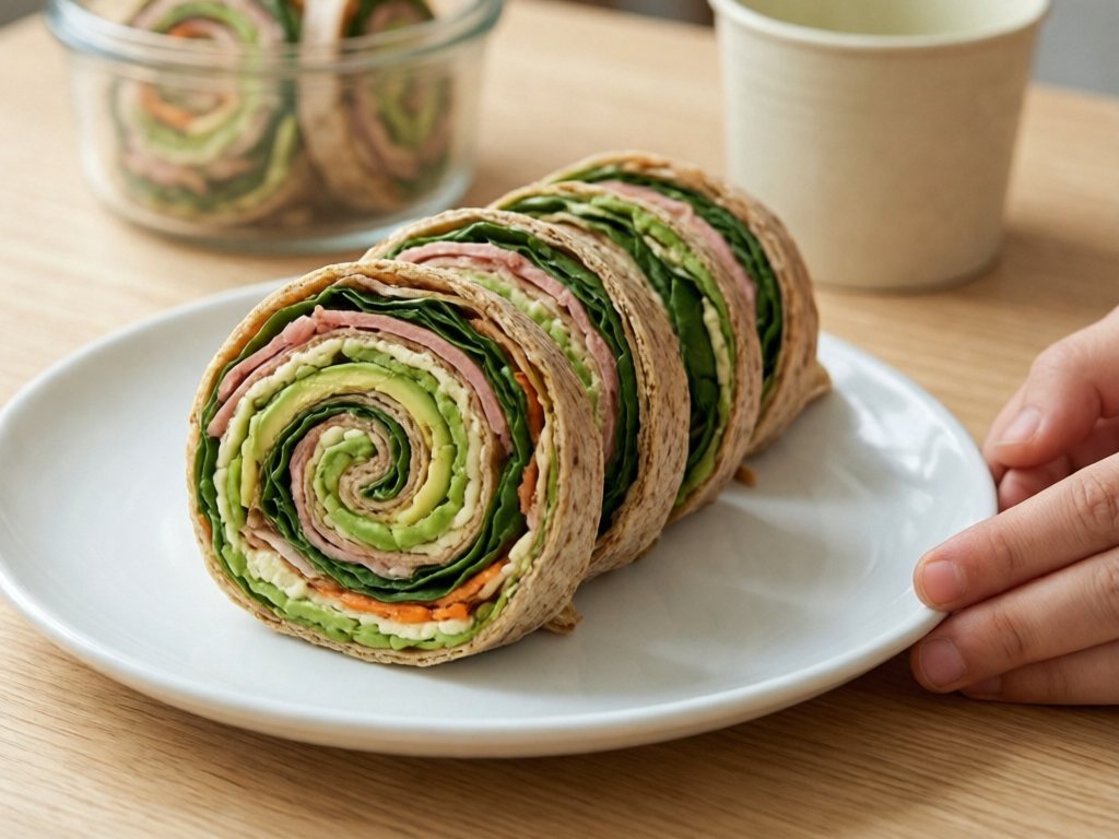 Sliced turkey and avocado pinwheels showing spiral layers on a plate