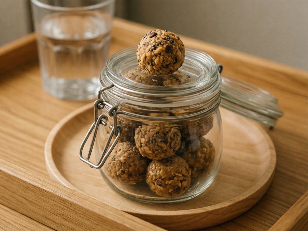 Container of oat and chocolate chip energy balls on a wooden nightstand tray, for adults only and kept out of a baby's reach