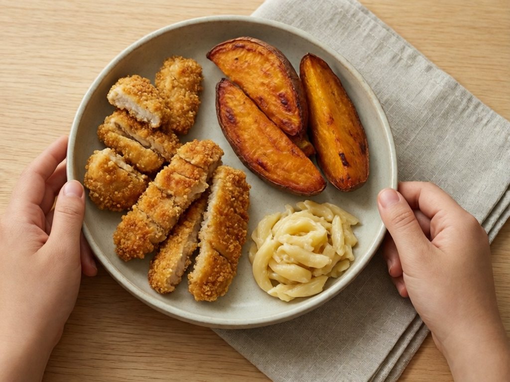Toddler plate with small chicken tender strips, roasted sweet potato wedges and plain pasta