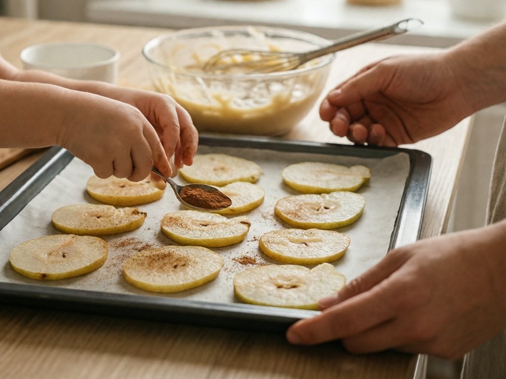 Child's hands sprinkling cinnamon over sliced pears on a baking sheet while an adult steadies the tray