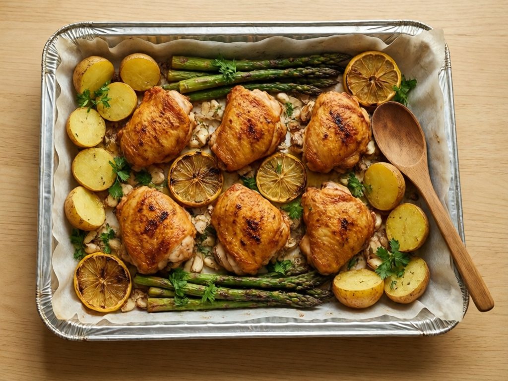 Sheet pan of crispy lemon herb chicken thighs with golden potatoes, asparagus and lemon slices