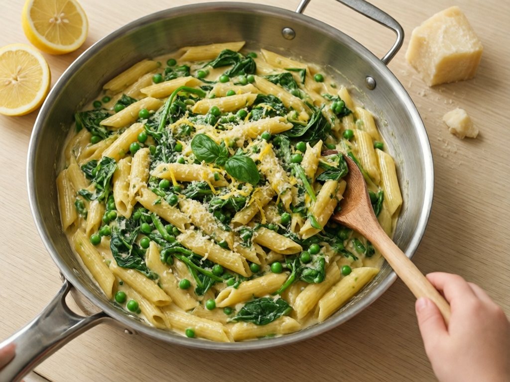 Skillet of creamy lemon penne with peas, spinach and Parmesan