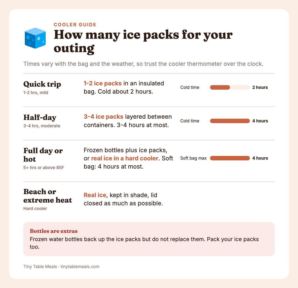 Guide matching picnic trip length to ice pack strategy and how long the cooler stays cold