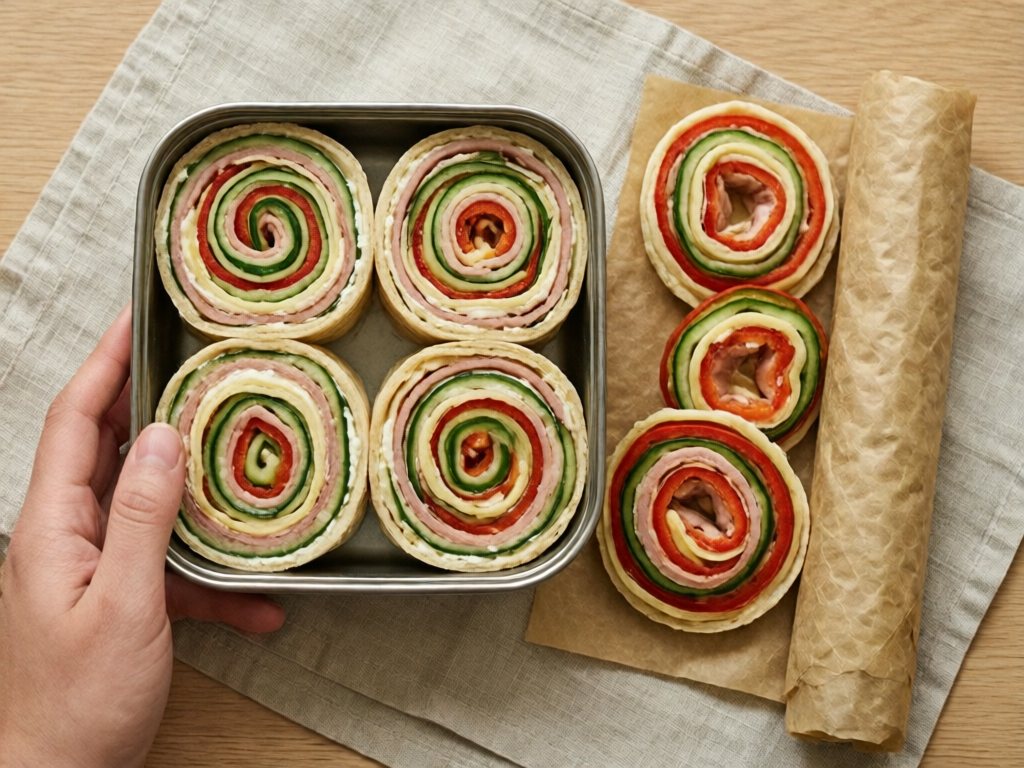 Container of turkey, cheese and cucumber pinwheel wraps with spirals facing up