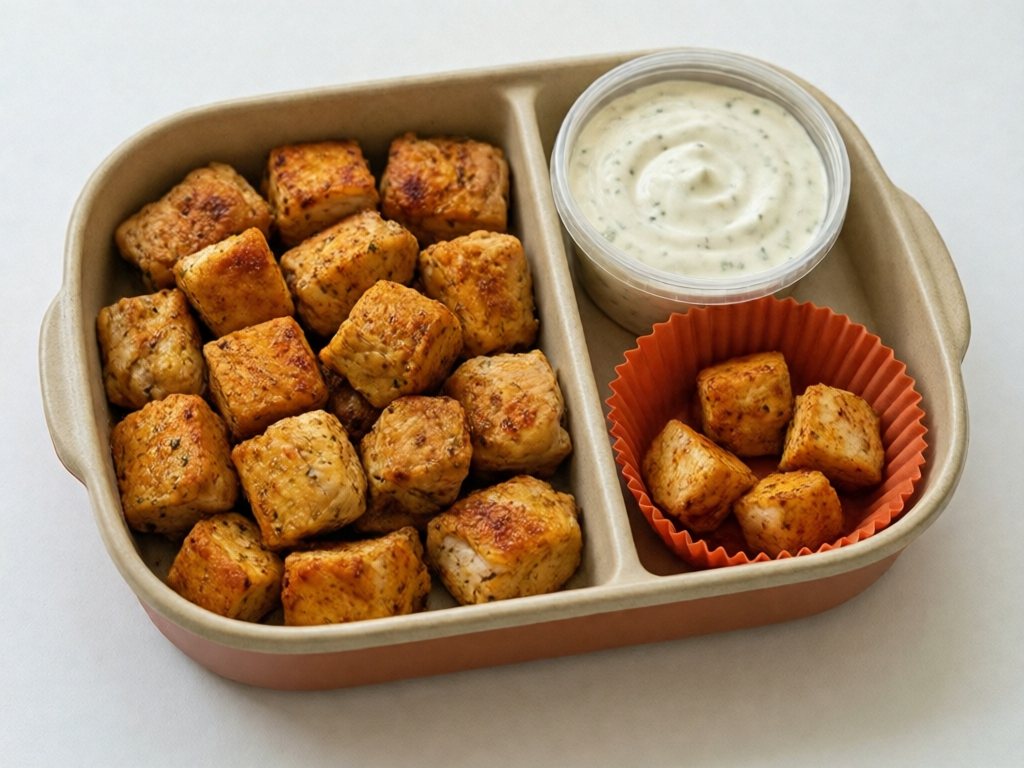 Container of grilled chicken cubes with a small cup of ranch dip