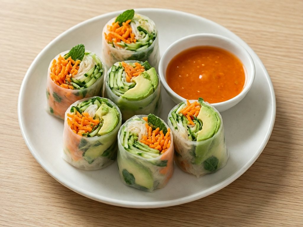 Short pieces of translucent veggie rice paper rolls beside a small dish of sweet chili sauce